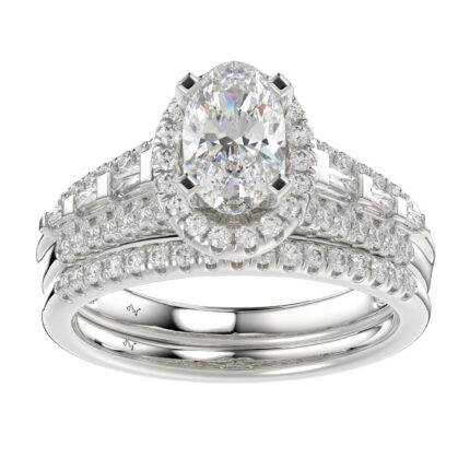 LADIES SEMI MOUNT BRIDAL SET 0.65CT ROUND/BAGUETTE DIAMOND 14K WHITE GOLD (SI QUALITY)