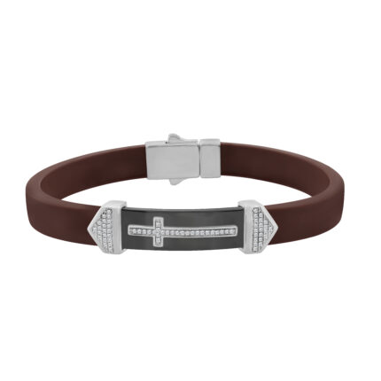 Men’S Sterling Silver White Bracelet With Brown Leather Strap And Central Black Accent – 0.25Ct