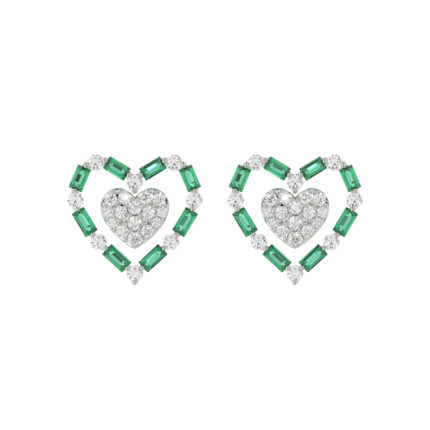 LADIES EARRING 0.50CT ROUND/GREEN EMERALD BAGUETTE DIAMOND 14K YELLOW GOLD (GREEN EMERALD BAGUETTE 0.32CT)
