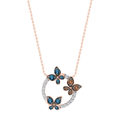 “Elegant Ladies Butterfly Pendant With Chain 0.33Ct Round Dark Brown & 14K Rose Gold Blue Diamond Fashion Jewelry For Women