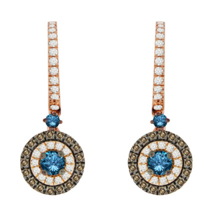 LADIES EARRINGS 1.00CT BLUE SAPPHIRE ROUND/DARK BROWN DIAMOND 14K ROSE GOLD