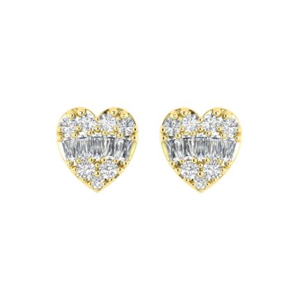 0.25CT Diamond Heart Shape Earrings In 10K Yellow Gold Round & Baguette Diamond Fashion Earrings For Women