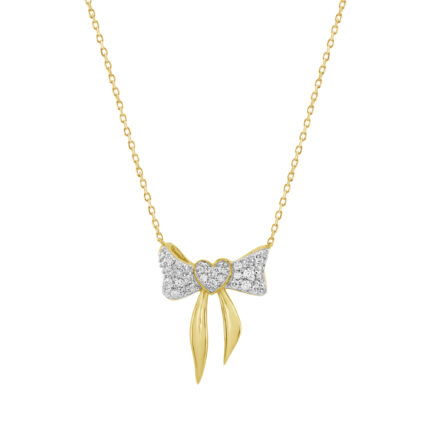 10K Yellow Gold Heart Bow Diamond Necklace 0.25CT Round Diamond Ladies Jewelry Gift