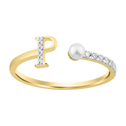 Women’S 10K Yellow Gold Letter “P” Diamond & Pearl Ring 0.10Ct Round Diamond Fine Jewelry