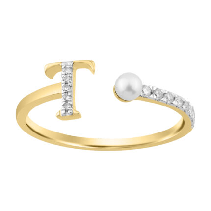 Women’S 10K Yellow Gold Letter “T” Diamond & Pearl Ring 0.10Ct Round Diamond Fine Jewelry