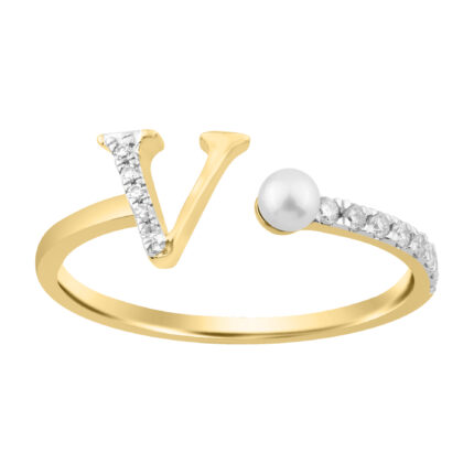 Women’S 10K Yellow Gold Letter “V” Diamond & Pearl Ring 0.10Ct Round Diamond Fine Jewelry